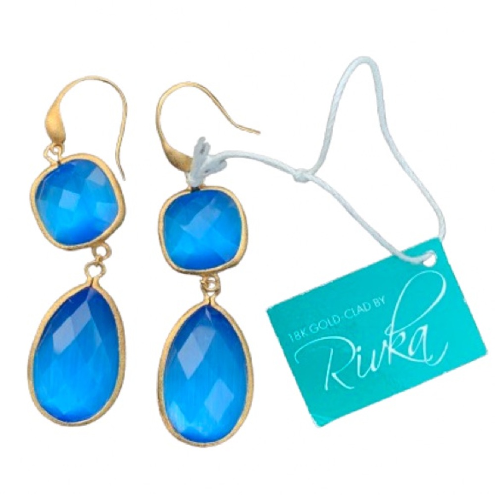 NEW Rivka Friedman 18K Gold Clad Cerulean Blue Chalcedony Double Drop Earrings